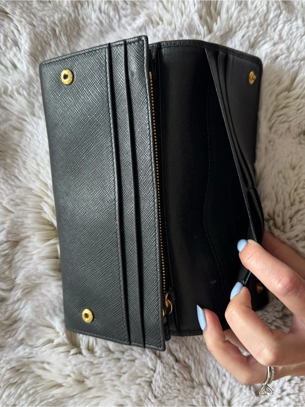 Vintage Prada Black Saffiano Leather Continental Wallet with Gold Logo